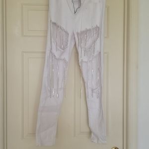 Rhinestone fringe white pants